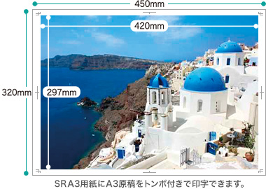 幅広い用紙サイズに対応 SRA3用紙にA3原稿をトンボ付きで印字出来ます。